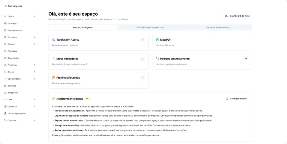 Tela do Templum OS com tarefas, indicadores e assistentes